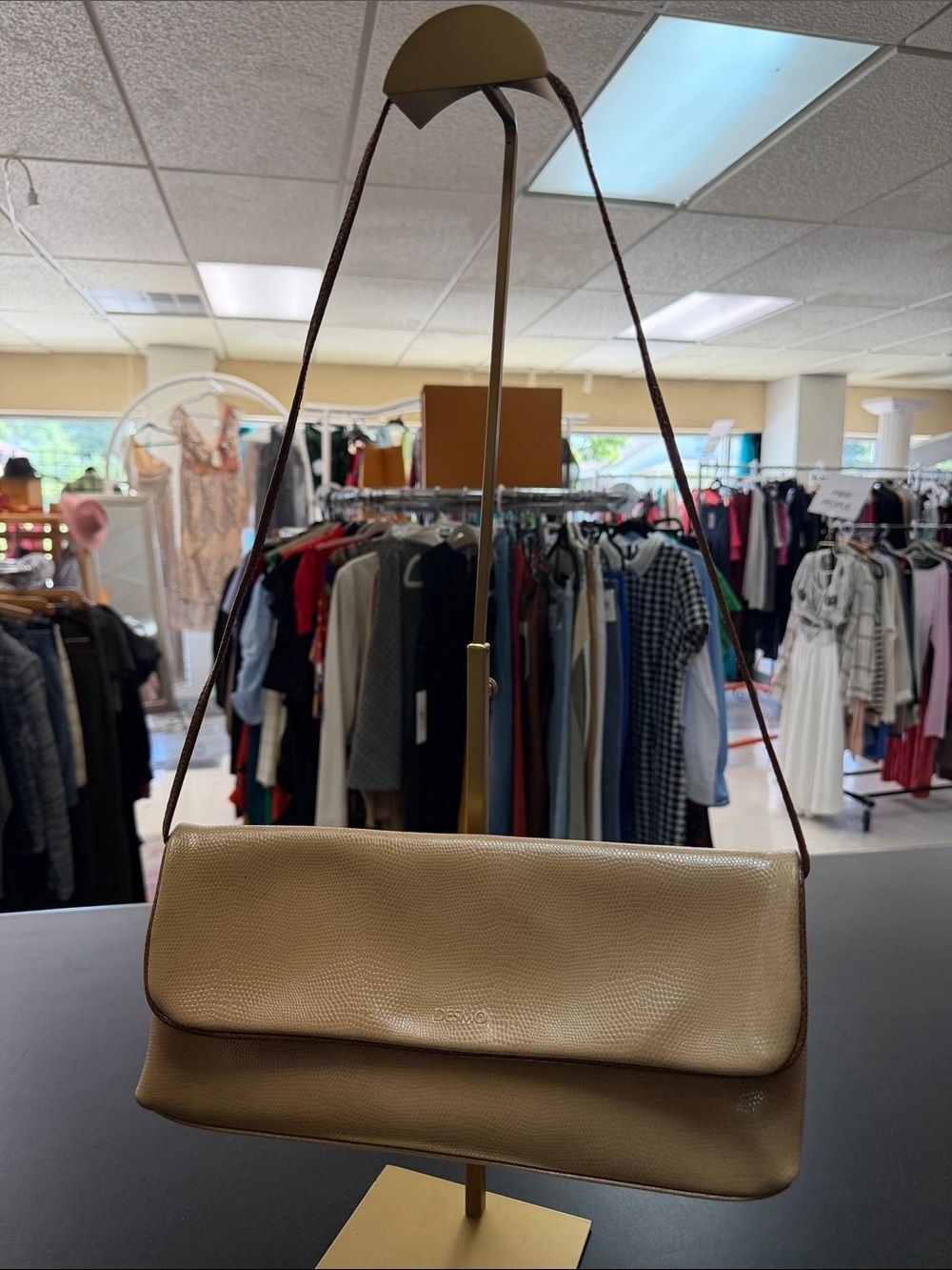 Pebbled Beige Leather Shoulder Bag with Fold-Over Flap